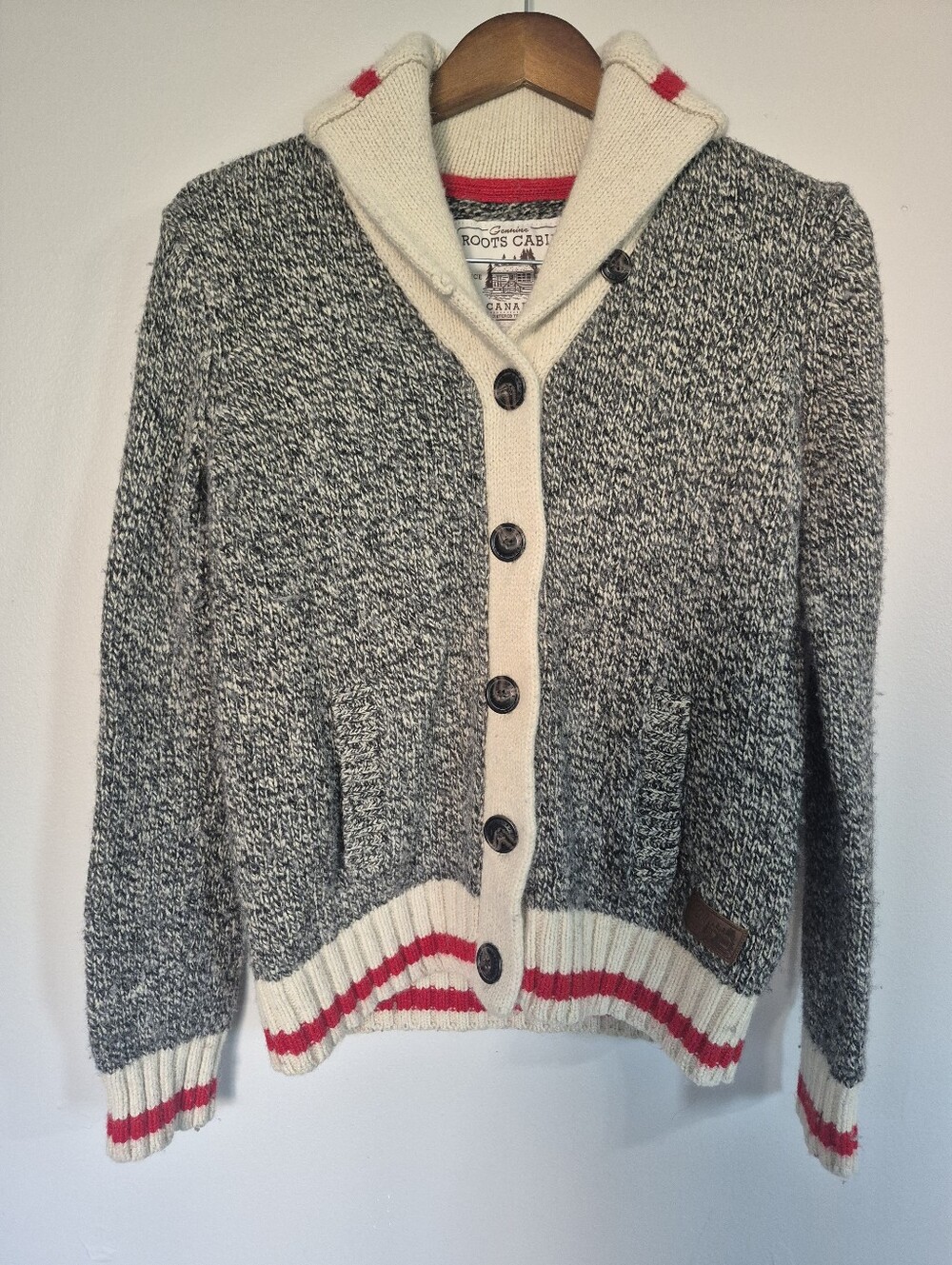 Roots Cabin Salt & Pepper Wool Sock Button Up Sweater Medium